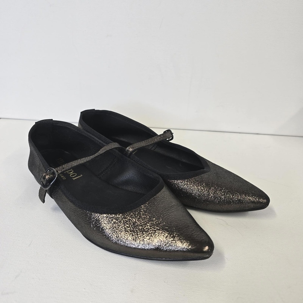 Maypol Womens Metallic Pewter Leather Pointed Toe Mary Jane Ballet Flats Size 38